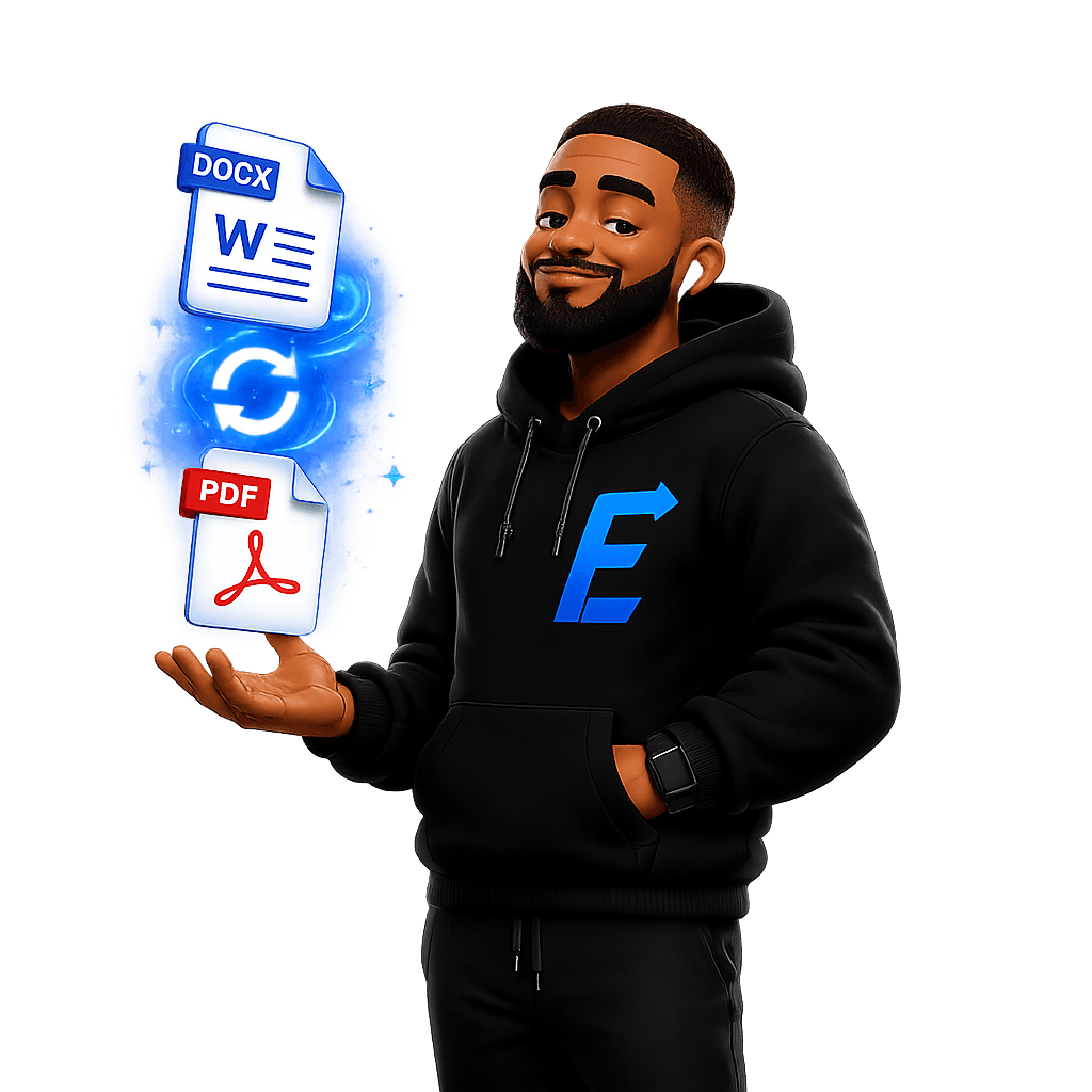 Ed, the edemConvert mascot, holding a Word-to-PDF conversion